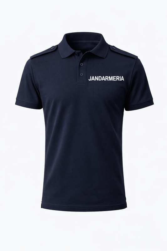Tricou Polo Tip Jandarmerie – Bleumarin Închis, cu Epoleți, Mânecă Scurtă